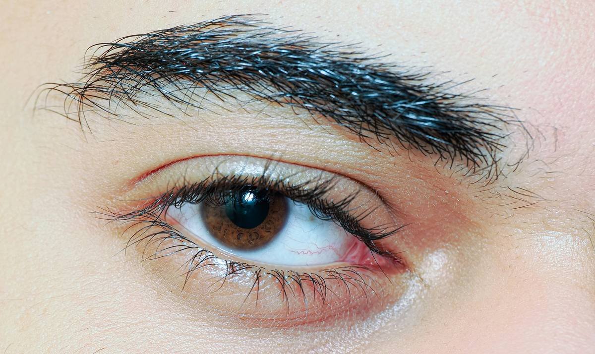 Close-up of defined brows using professional brow grooming formula showing flexible hold and natural texture